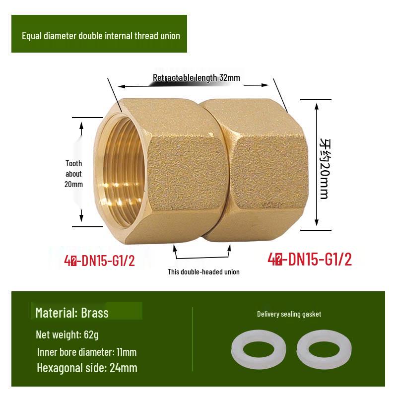 Copper Union with Inner/Outer Threads, Double Inner Thread Water Heater Connector Tee/Elbow Nipple, 46mm & 1" Thread, Different Diameters.
