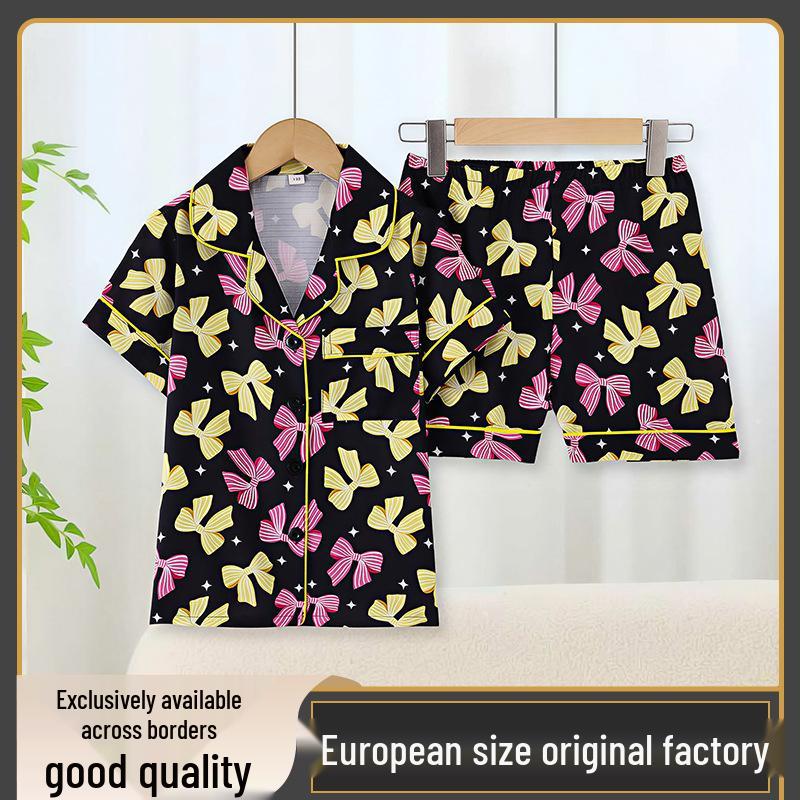 European-American Style Girls Short-Sleeve Bowknot Print Pajama Set Size 120