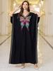 Womens Elegant Embroidered Butterfly Kaftan Dress V-Neck Side Slits Loose Fit Long Maxi Gown for Evening Parties Casual Chic Q1779-4160