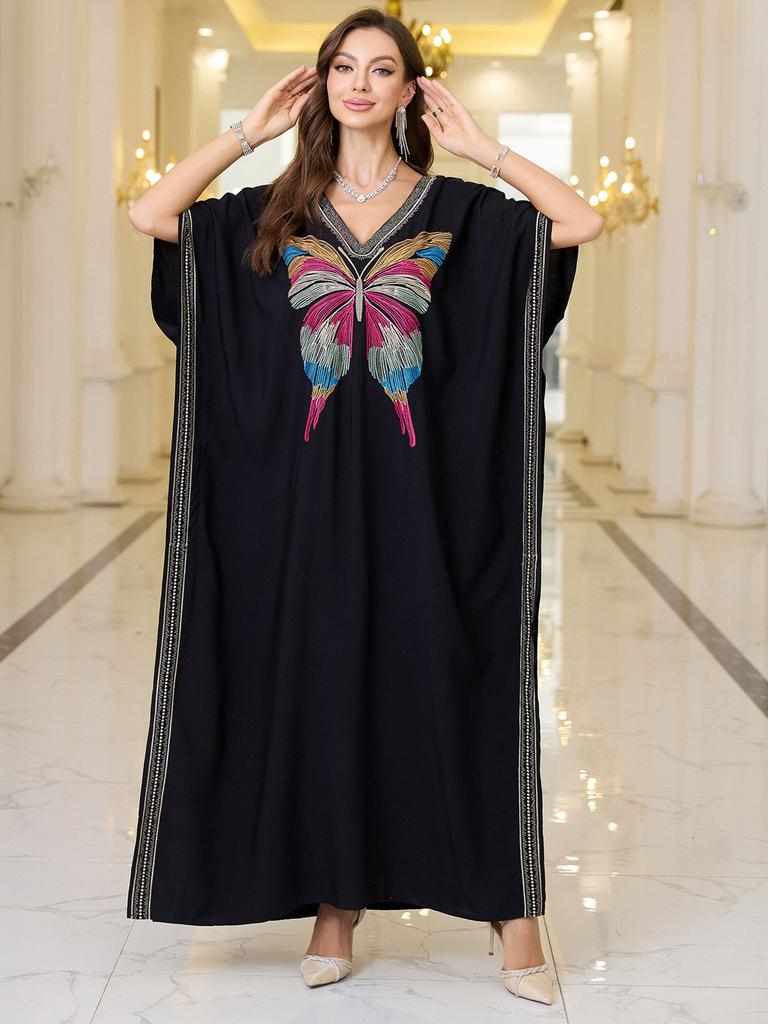 Womens Elegant Embroidered Butterfly Kaftan Dress V-Neck Side Slits Loose Fit Long Maxi Gown for Evening Parties Casual Chic Q1779-4160
