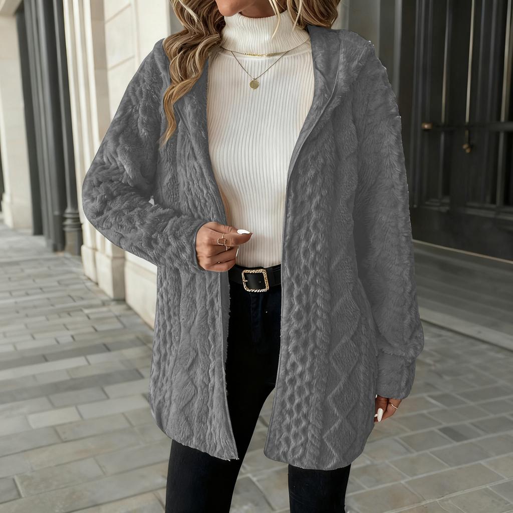 Damen Modischer Einfarbiger Langärmliger Lockerer Kapuzen-Cardigan Plüschjacke