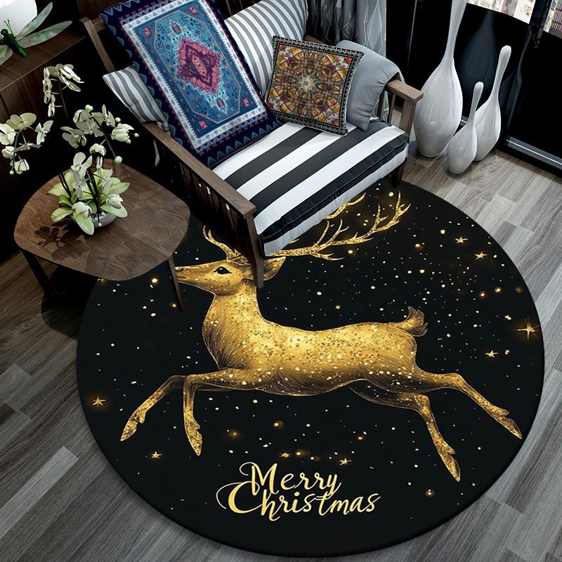 Golden Deer Round Area Rug,Carpet Rug for Living Room Bedroom Sofa Playroom Decor,Non-slip Floor Mat