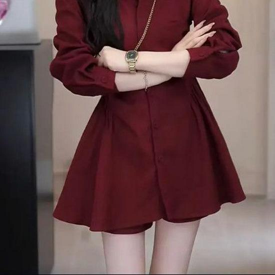 

Spring 2026 French Polo Collar Waist-Cinching Shirt Dress & Shorts Set for Women L [110-120 for reference]