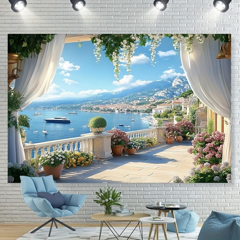 Vintage and Elegant Spring/Summer Sea View Photography Background Living Room Decoration Polyester Fiber Wall Decoration