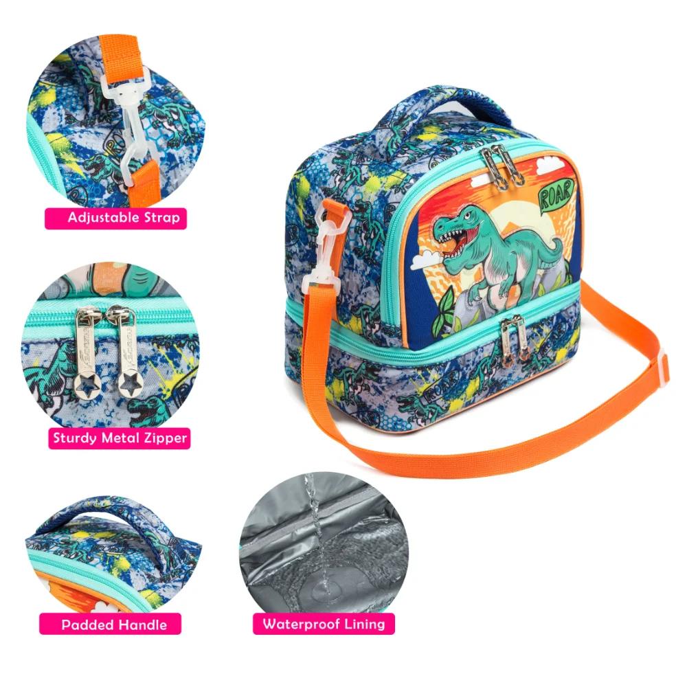 Lunch Bag for Kids Dinosaur Insulated Bag Boy Girl Waterproof Double Compartment Thermal Adjustable Shoulder Strap