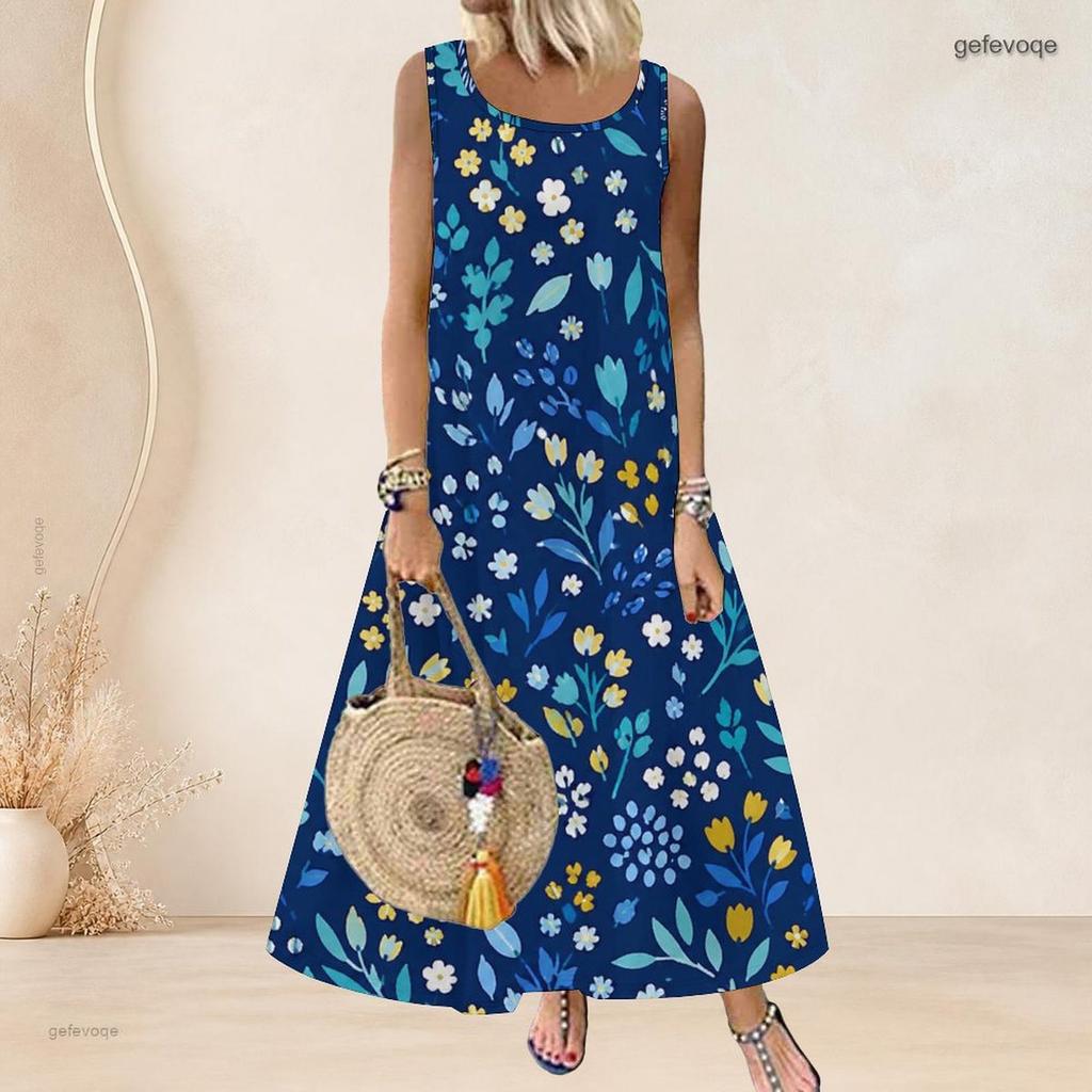 Women Plus Size Sleeveless Scoop Neck A Line Long Dress Black Purple Feather Printed