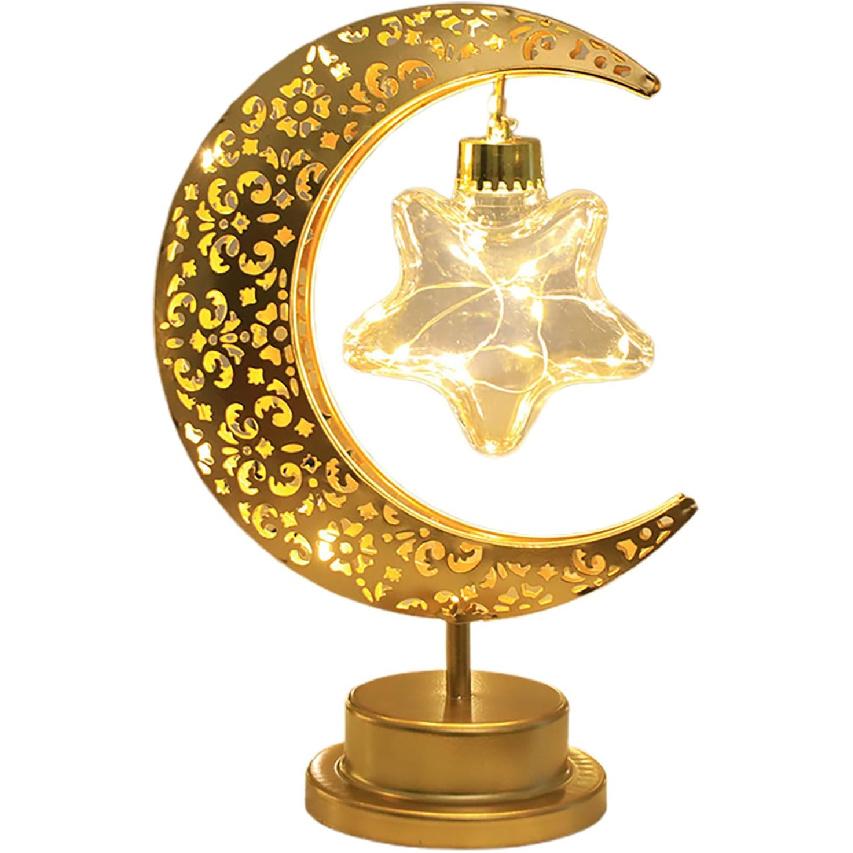 Moon Lamp, Enchanted Lunar Lamp, Crescent Moon LED Light, Moon Table Lamp Half Moon Light Metal Ramadan Star Lamp, Battery Operated Table Lamp for