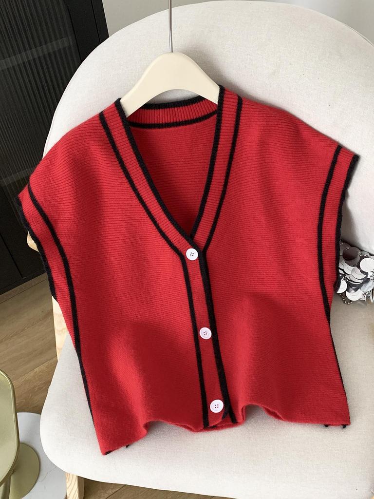 European & American V-neck Color Block Fleece Knit Vest - Autumn Loose Fit