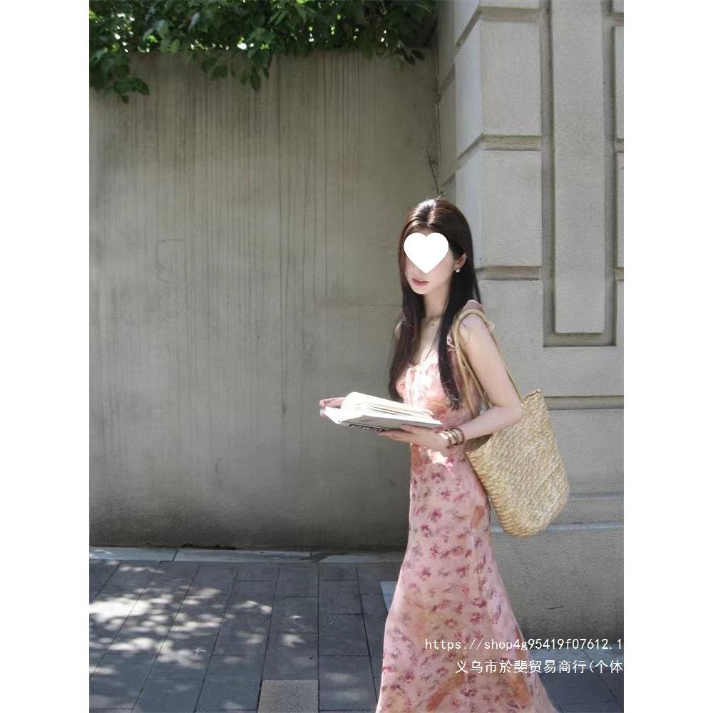 Pink Floral Suspender Dress Women's Summer French Retro Waist Thin Holiday Style Temperament Long Skirt