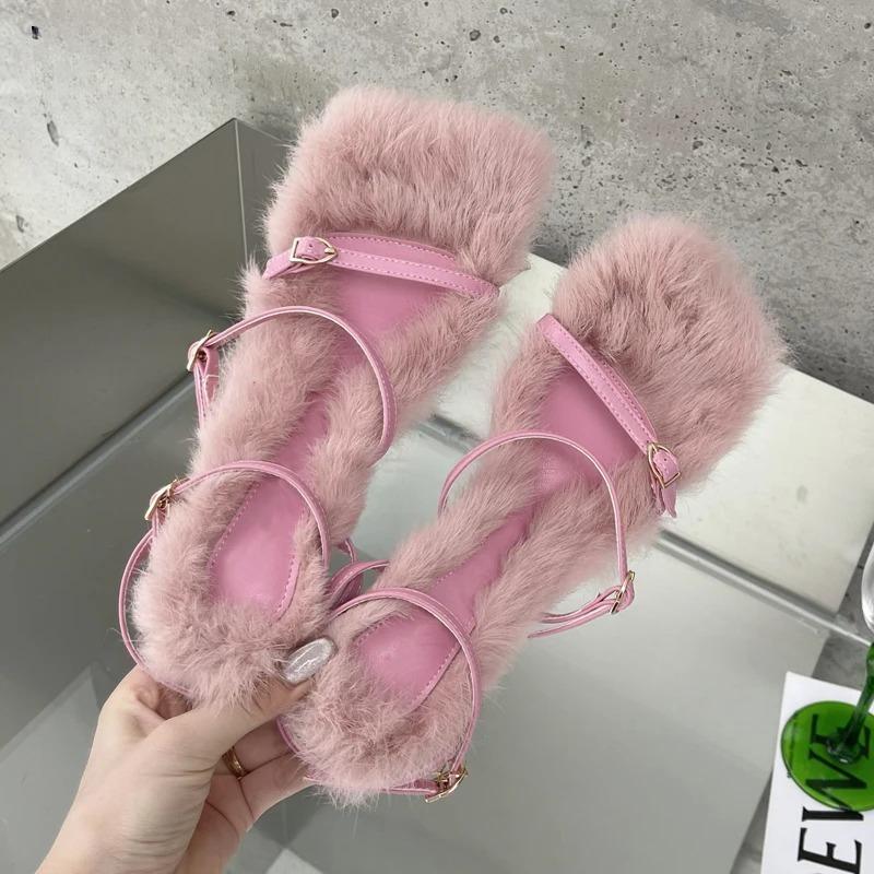 

Fashion 2026 New Brand Plush Fur Fuzzy Sandals Women Thin Heels Fashion Square Toe Ankle Lace Up Buckle Strap Slides Shoes 40 розовый