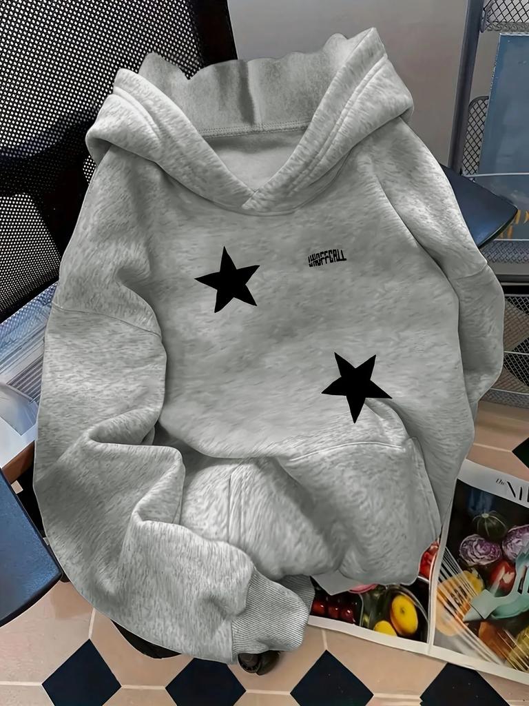 Unisex White Star Letter Sports Hoodie Simple Star Print Navy Blue Oversized Pullover Streetwear Sweatshirt Spring Autumn
