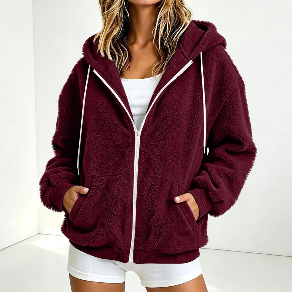 Women's Color Hooded Zip-Up Jacket with, Loose Fit Long Sleeve Casual Warm Coat