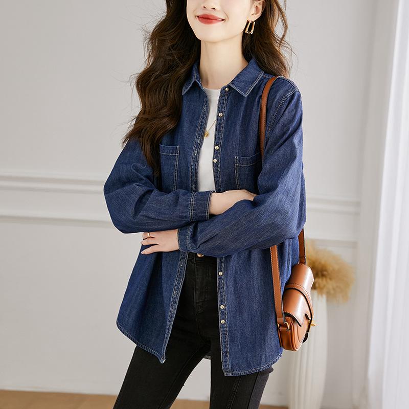 Retro High-end Pure Cotton Denim Shirt for Women's Autumn Clothes New Layered Long-sleeved Loose Slim Top