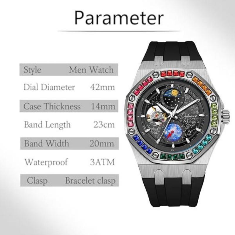 Dulunwe Męski automatyczny zegarek Starry Sky Moon Phase Color Diamond Big Tarcza Silikonowy pasek Luksusowy biznesowy wodoodporny zegarek na rękę