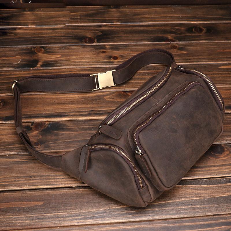 Neue große Bauchtasche aus echtem Leder, lässig und modisch für Herren, mit geschichtetem Rindsleder und Retro-trendiger Einzel-Schulter-Crossbody-Tasche