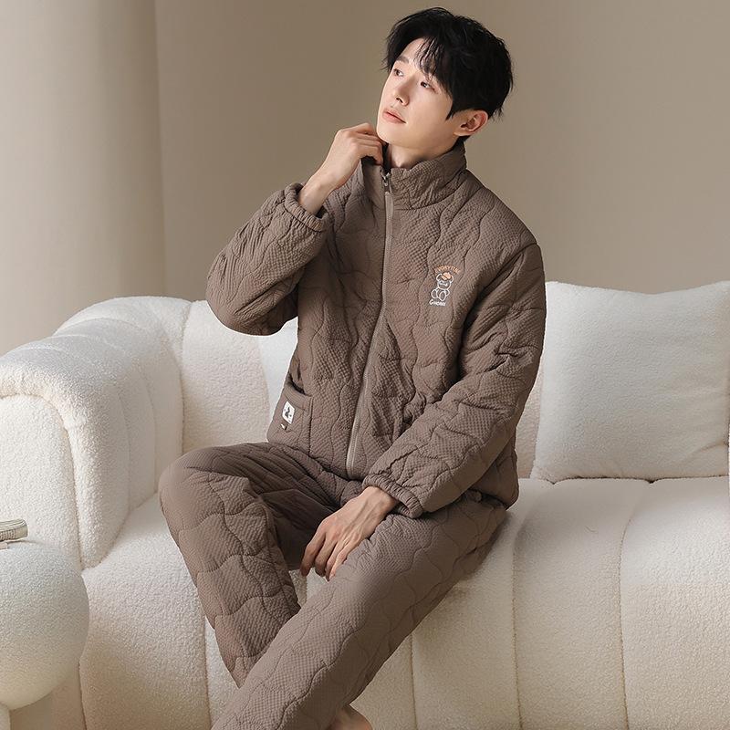 Couple pajamas winter coral fleece padded three-layer thickened fleece thermal storage warm men's and women's hooded loungewear set