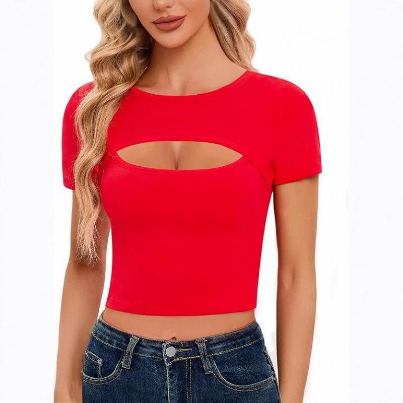 2026 Women's European & American Casual Round Neck Solid Color Cropped Short Sleeve T-shirt