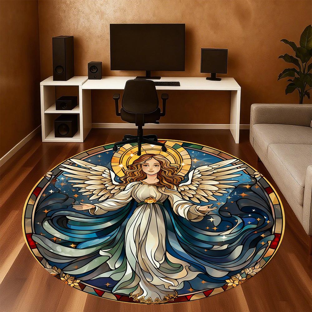 1pc Angel Stained Glass Round Chair mat office Area Rug - Non-Slip, Floor Mat for Office, Bedroom, Ideal home decor gift c0112130