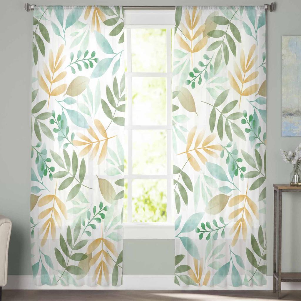 Plant Tea Green Forest Green Leaves Watercolor Rural Sheer Curtains for Kids Living Room Voile Window Curtains Tulle Drapes