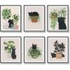 6pcs Cute Black Cat Botanical Wall Art, Green Leaves Plants Boho Wall Art Canvas Paintings, Minimalist Aesthetic Poster Prints Wall Decor Pictures