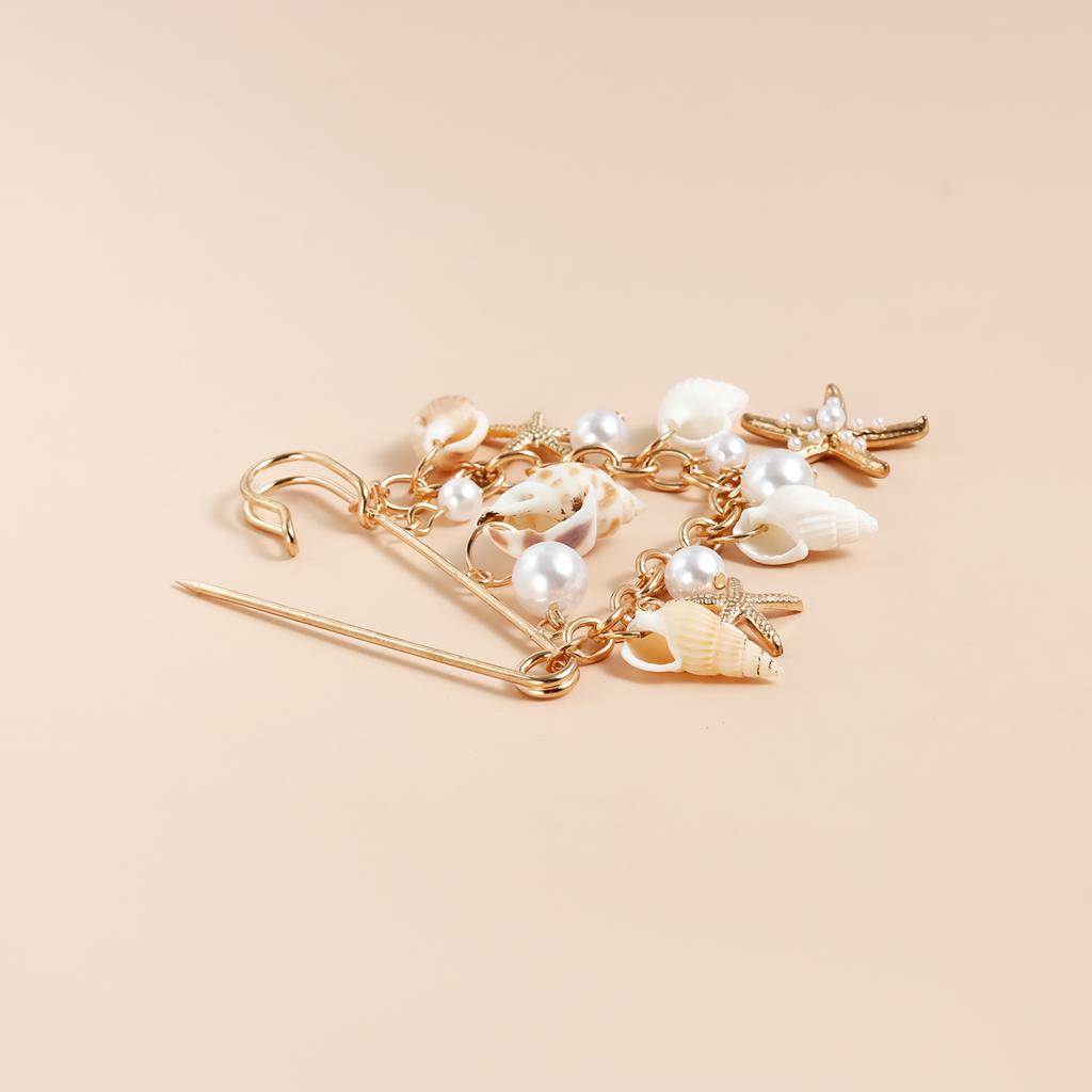European and American Jewelry Summer Conch Shell Starfish Point Diamond Pearl Brooch Clothing Women's Functional Pin Accessories