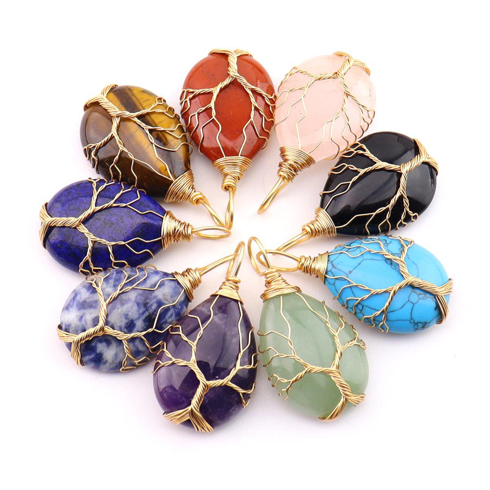 Natural Stone Agate Water Drop Tree of Life Pendant Necklace N781