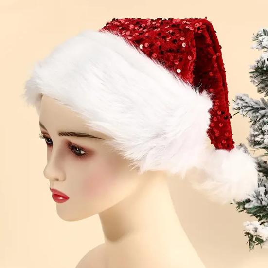 Vánoční flitrová čepice Santa pro dospělé Unisex třpytivá sváteční čepice s nadýchanou bambulí pro novoroční vánoční párty potřeby