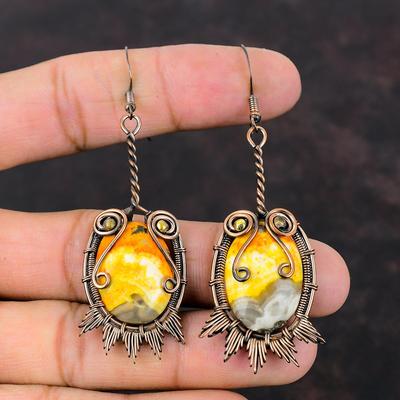 Boucle d'oreille Jaspe Abeille Cuivre Fil Enveloppé Boucles d'oreilles Fait Main Boucles d'oreilles Uniques Bijoux en Pierre Gemme Boucle d'oreille Pendant Cadeau pour Mère Bijoux en Cuivre