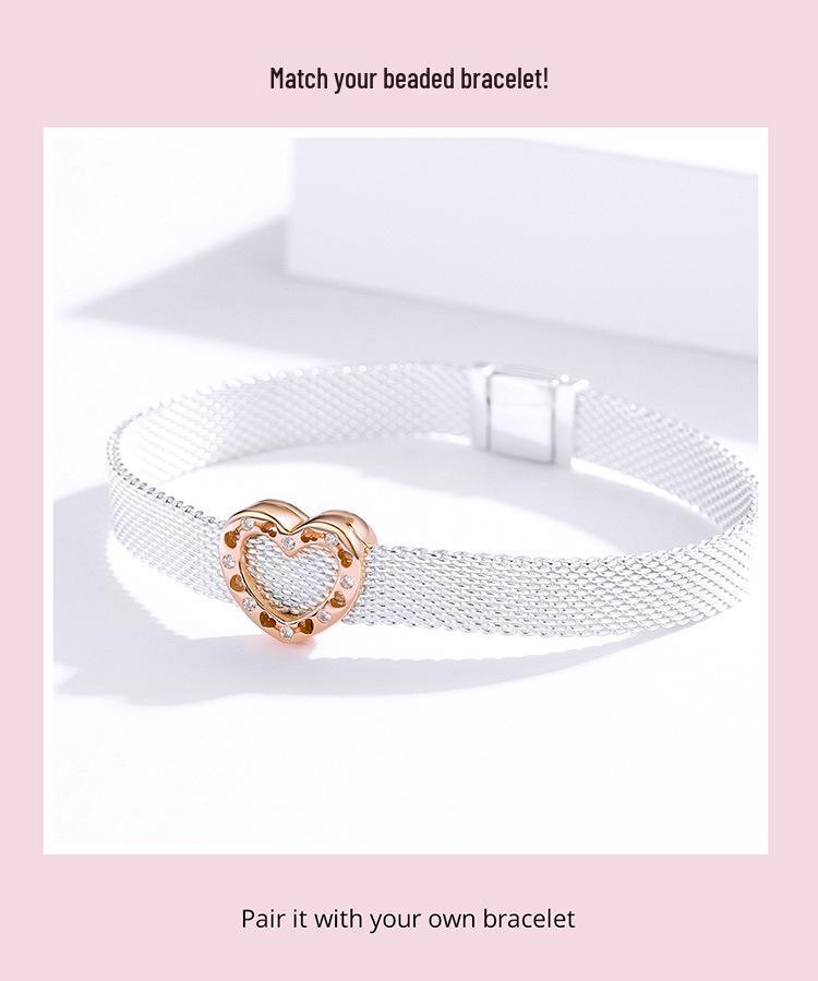 Heart-Shaped 925 Sterling Silver Beads with Rose Gold Plating and Zircon Inlay