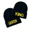 2pcs Black Unisex Knitted Hat With 'queen' And 'king' Embroidery, Ear Protection, Winter Street