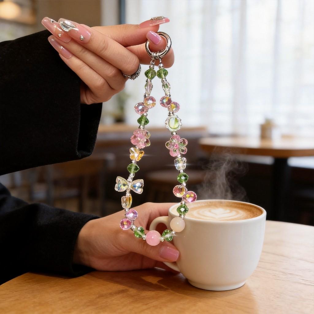 Pvc Crystal Flower Phone Strap With Keychain Holder For Women And Men