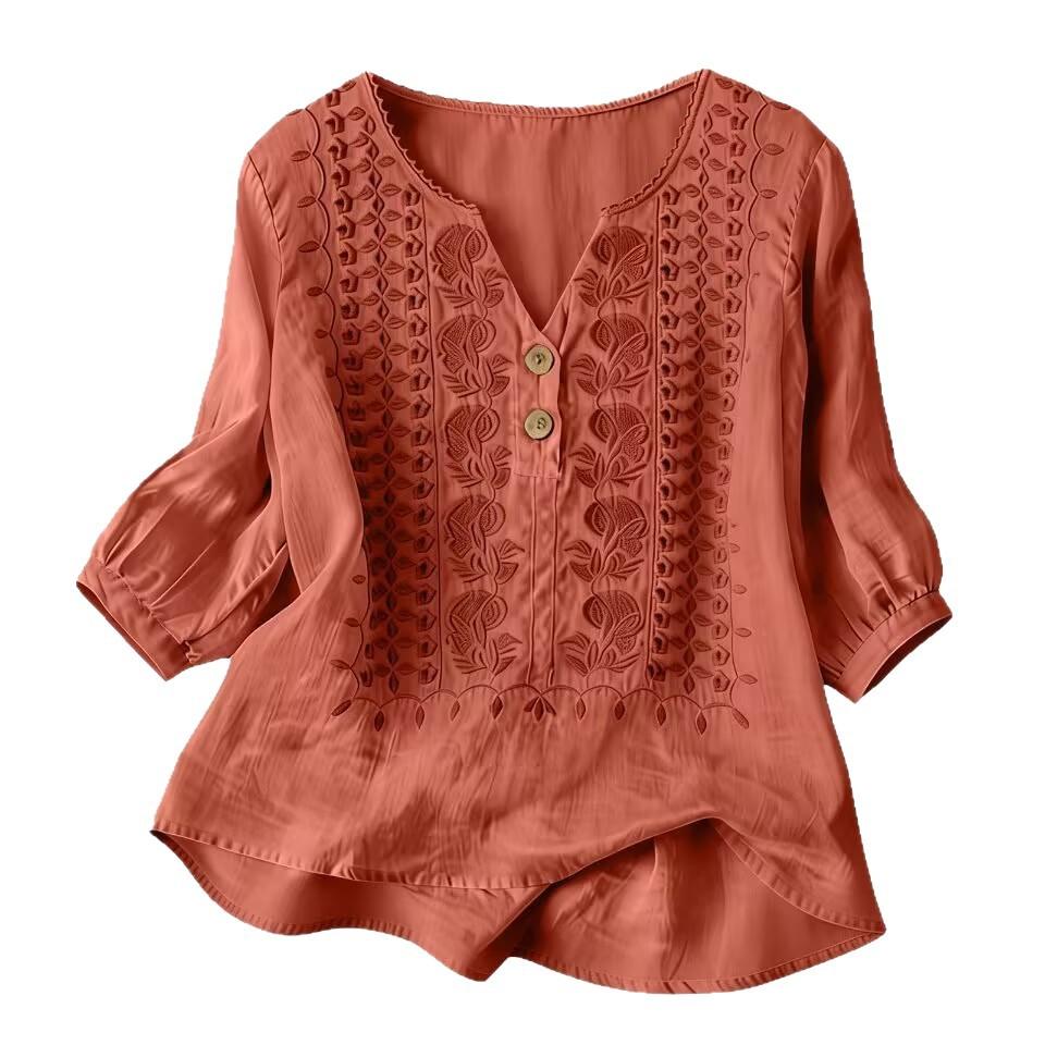 Women Boho Embroidered Blouse V‑Neck Linen Blouse Loose Button Decor Casual Tunic Top for Ladies Daily Wear