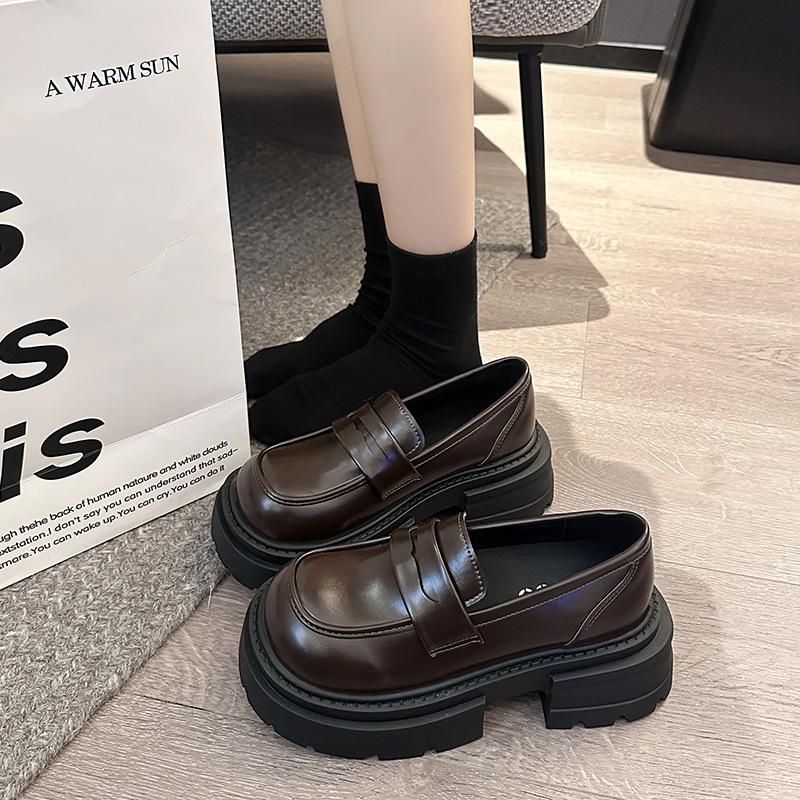 

Черные универсальные туфли на платформе из натуральной кожи в британском стиле, женские, весна-осень 2025 года, французские мокасины с одной педалью 40