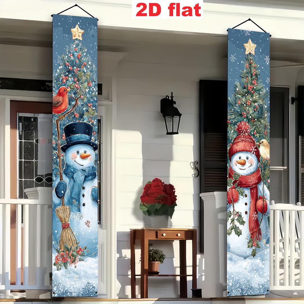 2D Flat, 2D Flat Banner Party Banners, Two Pieces (11.8*70.8 Inches/30*180cm), Material, Christmas-themed Door Decoration - Snowman and Christmas Tree
