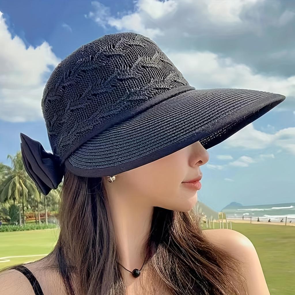 Women's Wide Brim Straw Sun Hat with Bowknot - Breathable Hollow Out Design, Foldable Summer Beach Hat