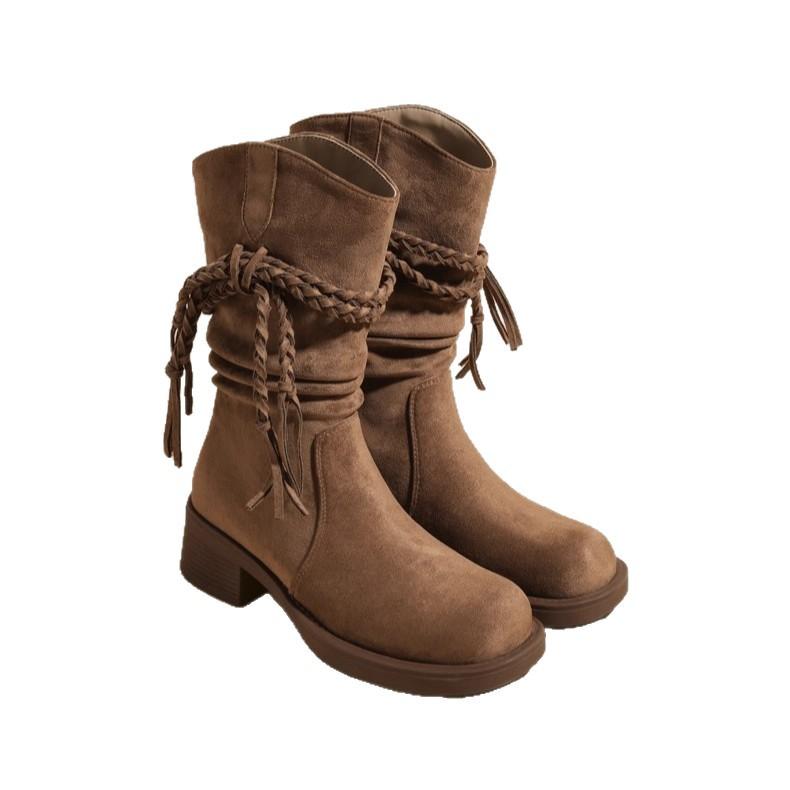 Cowhide version retro wasteland fringed stacking boots women's thick heel knight boots western cowboy boots slim Martin boots