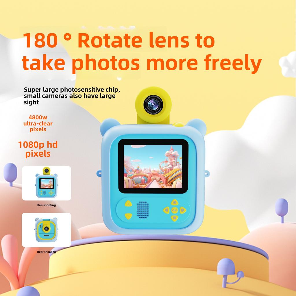 New Children's Photo Printing Camera Prints Thermal Paper Photos in Time Cartoon Flip Lens Multi-color Printing Paper HD Video