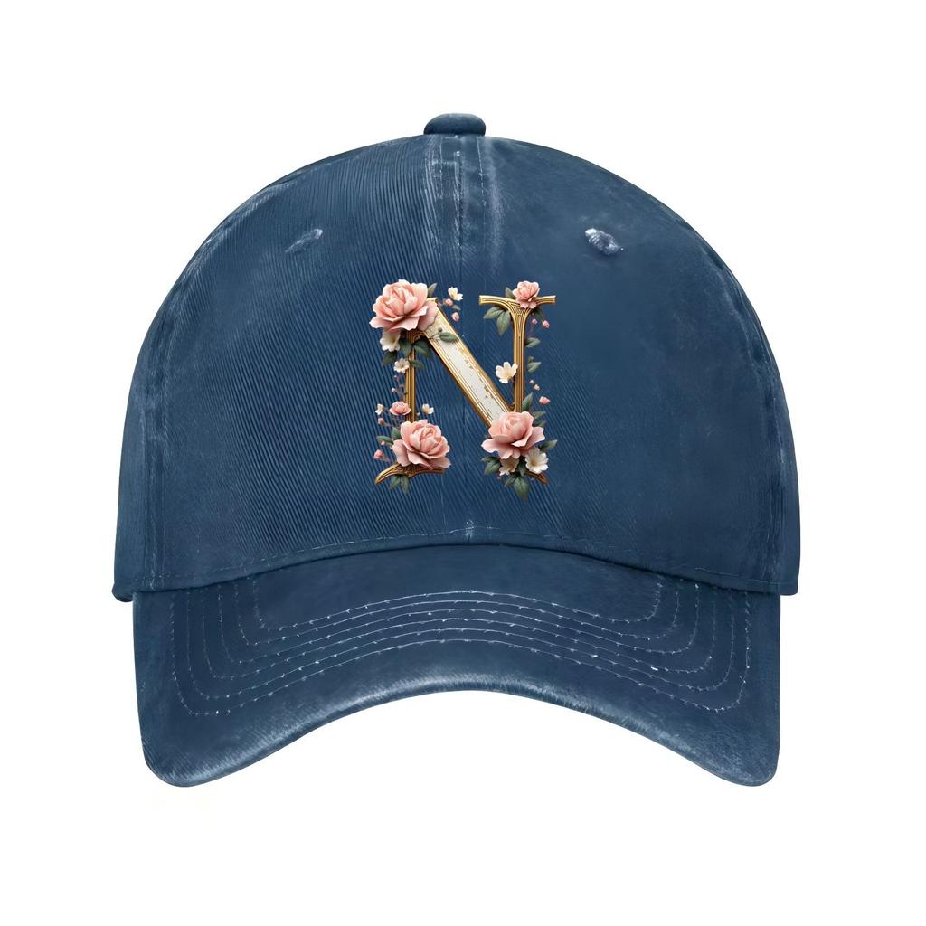 Floral Letter N Monogram Baseball Cap Adjustable Distressed Polyester Casual Hat for Unisex Adults