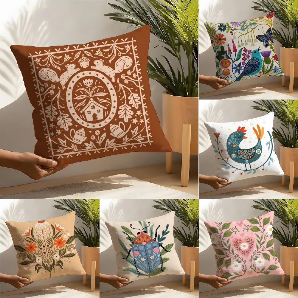 Butterfly, Bird And Flower Print Pillow Case Cotton Linen Fabric Square Zipper Pillowcase Home Decorative Living Room