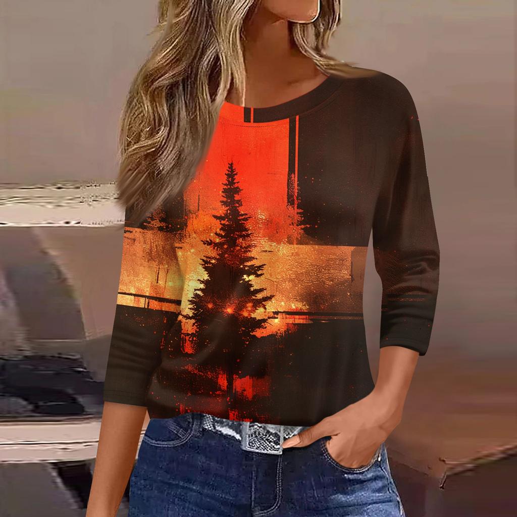 3/4 Length Sleeve Womens Tops Floral Print Vintage Fashion Casual Loose With Round Neck Plus Size Shirts