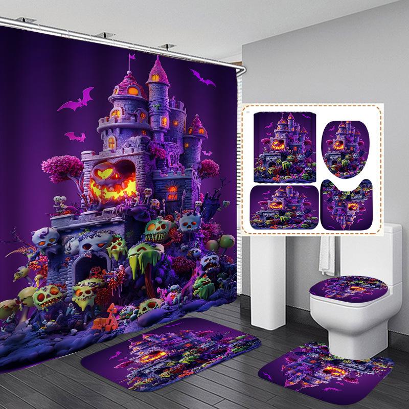 4Pcs Halloween Ghost Pumpkin Shower Curtain Set with Non-Slip Bath Mat, Toilet Lid Cover, Contour Rug & 12 Hooks, Bathroom Decor