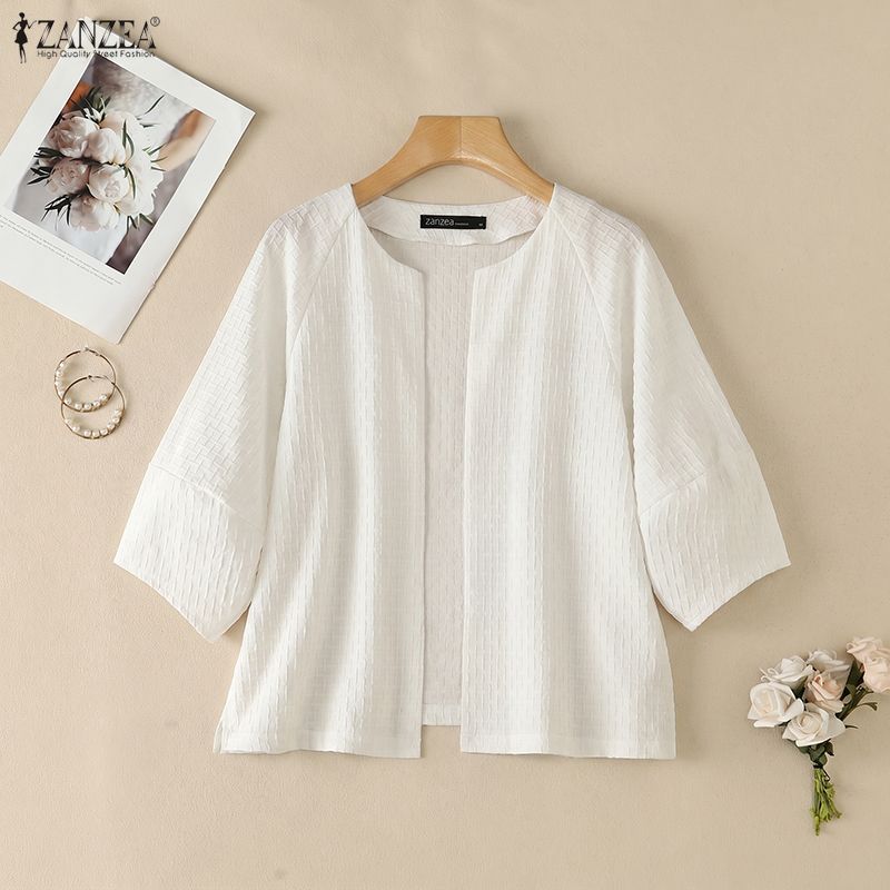 ZANZEA Womens Casual Open Front Loose 3/4 Sleeve Thin Cardigan Blouse