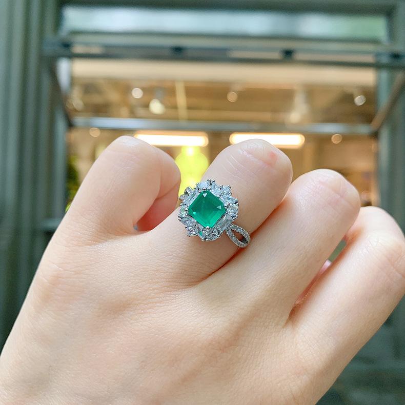 Small Square Emerald Jewelry Set Internet Famous Noblewoman Necklace Pendant Ring Earring Women's