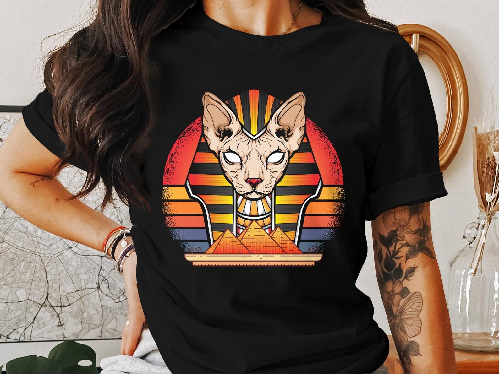 Egyptian Gods T-Shirt, Pharaoh Cat Design, Egyptian Mythology Art, Pyramid Graphics Tee, Ancient Egypt Religious Shirt, Historian Gift S