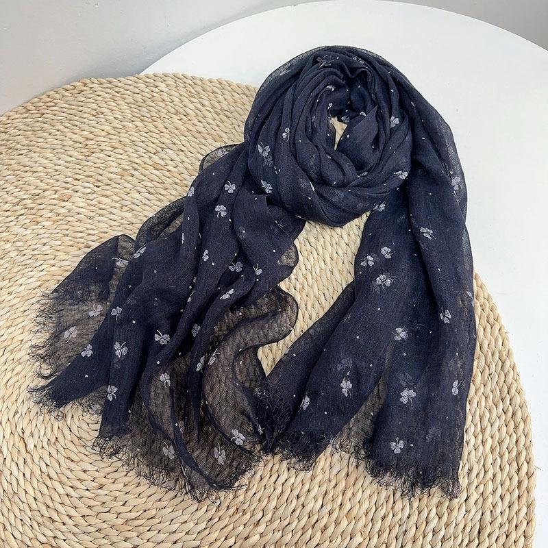 Versatile Navy Blue Polka Dot Scarf Japanese Style Pure Linen Printed Women'S Scarf Beach Sunscreen Silk Scarf