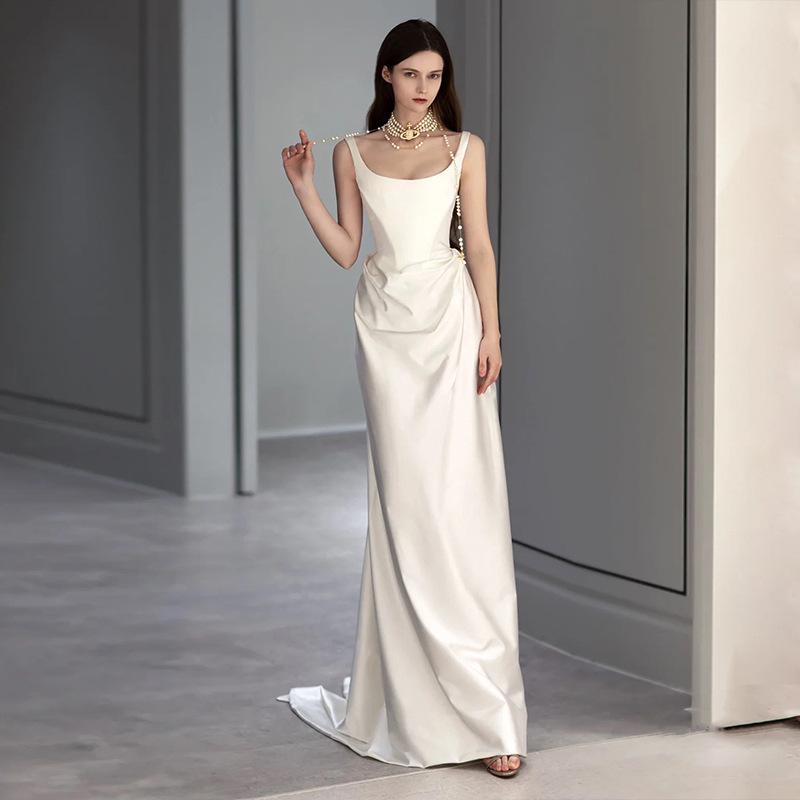 2025 Retro Satin Light Wedding Dress - Simple Spaghetti Strap Gown with Small Train