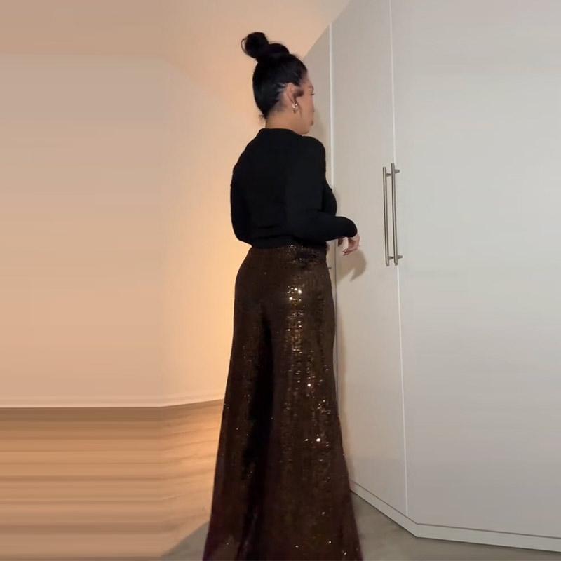 Elegant Shinny Sequin Long Pants Women Fashion High Waist Draped Loose Trousers Spring Autumn Casual Wide Leg Solid Color Party Pant