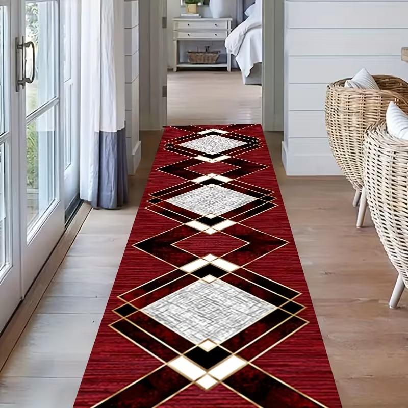 Modern Red Geometric Runner Carpet Black White Diamond Pattern with Gold Border Minimalist Hallway Floor Mat Home Decoration
