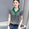 Pure Polo Shirt, Short-sleeved T-shirt, Women's Striped New Half-open Collar Contrasting Color Slim and Versatile Top