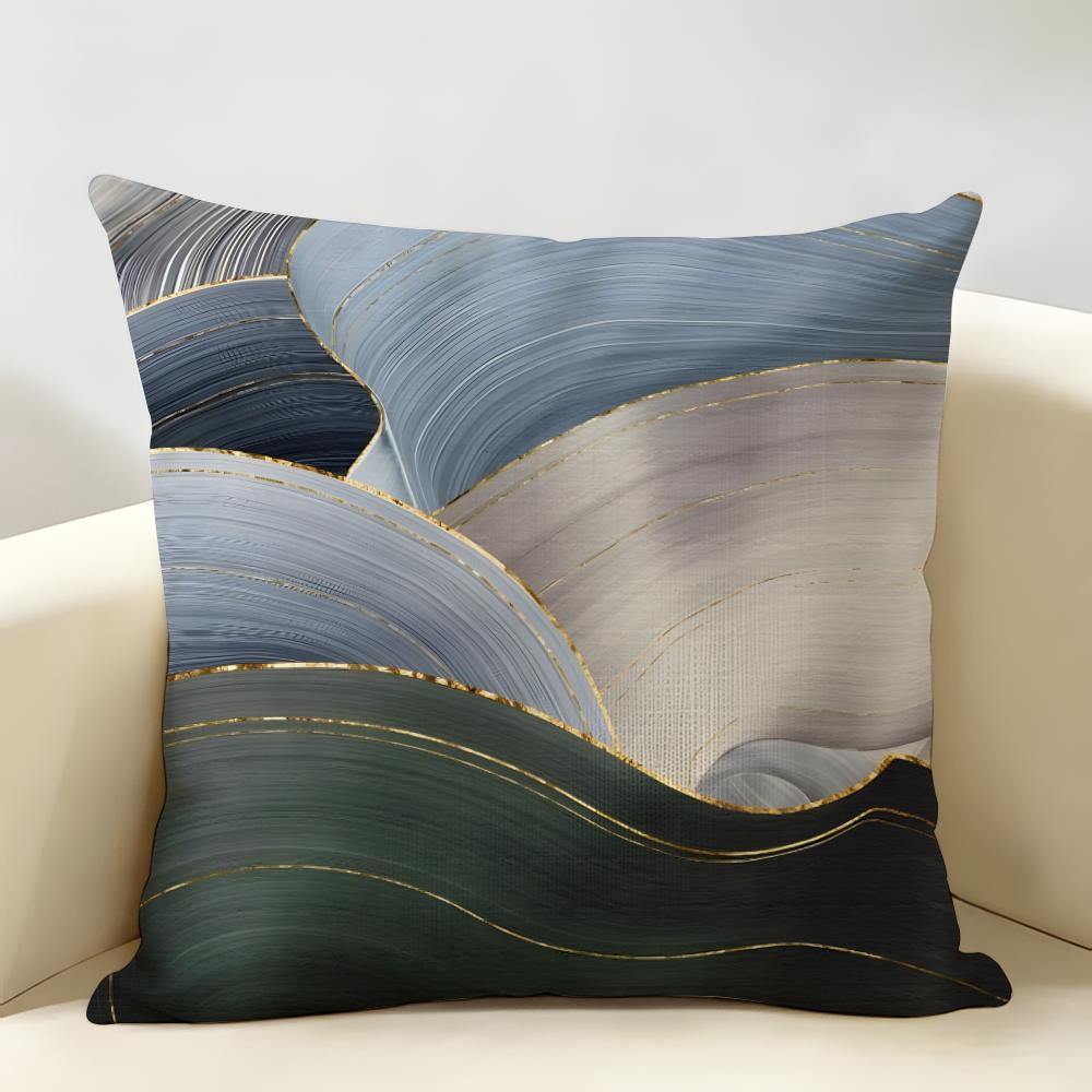 Blue Gold Wave-Shaped Pattern Cushion Cover Natural Linen Organic Fabric Double-Sided Printing Breathable Perfect For Home Decor